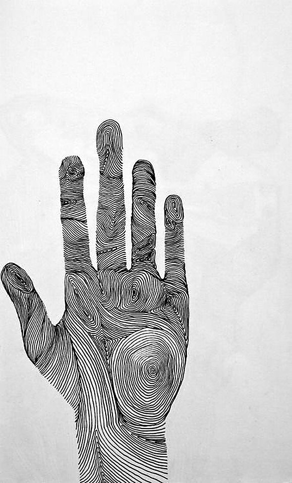 Black-and-white line drawing of a hand rendered in fingerprint-like contours